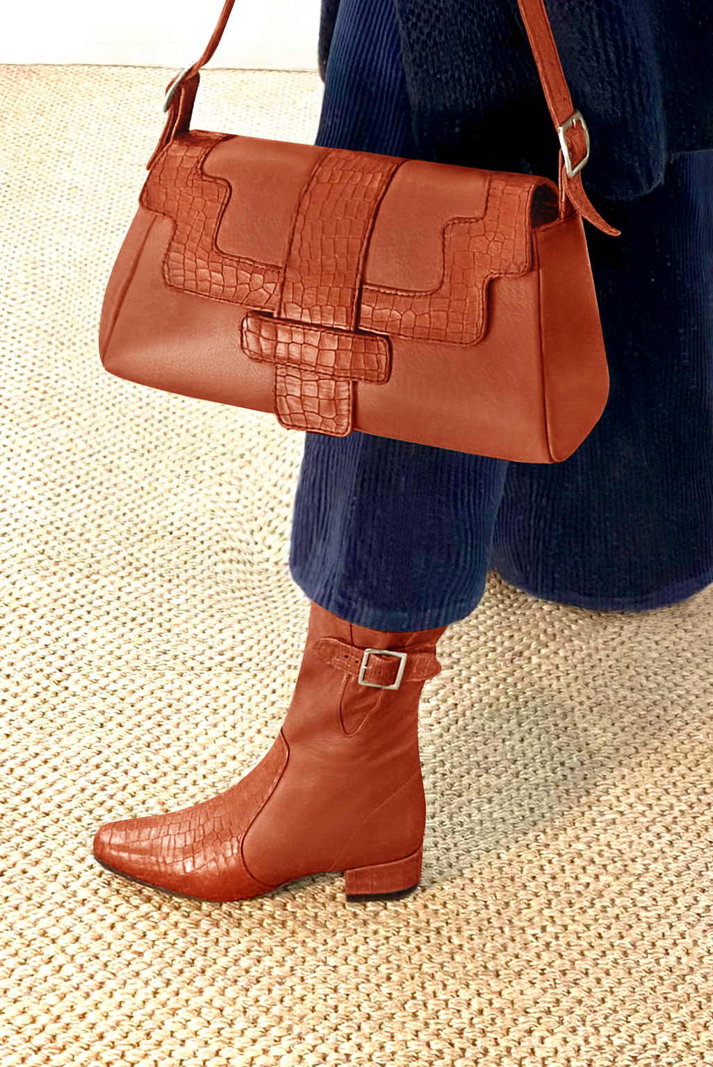 Terracotta orange women's ankle boots with buckles on the sides. Round toe. Low block heels. Top view - Florence KOOIJMAN